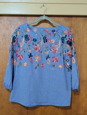 Embroidered Floral Blue Peasant Top